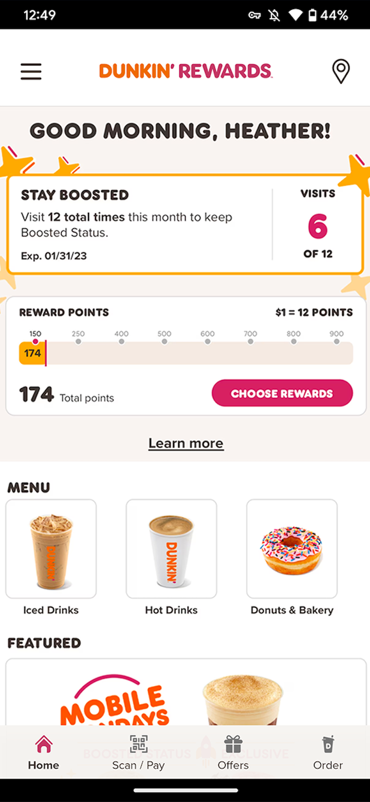 A screenshot of the points screen in the Dunkin app